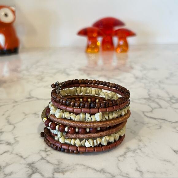 Earth Toned Beaded Multi Layer Coiled Bracelet - Picture 1 of 4